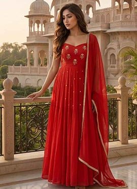 Red Georgette Zari Sequins Embroidered Anarkali Suit