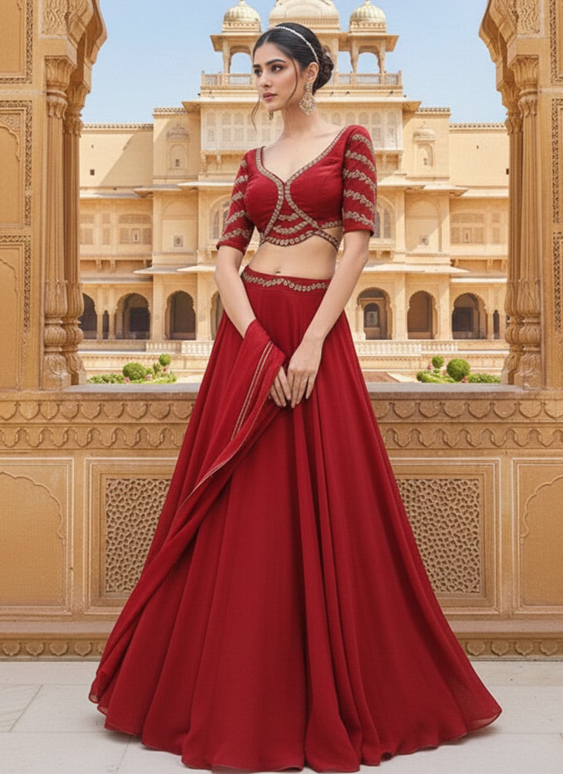 Red Georgette Zari Sequins Lehenga Wedding Wear