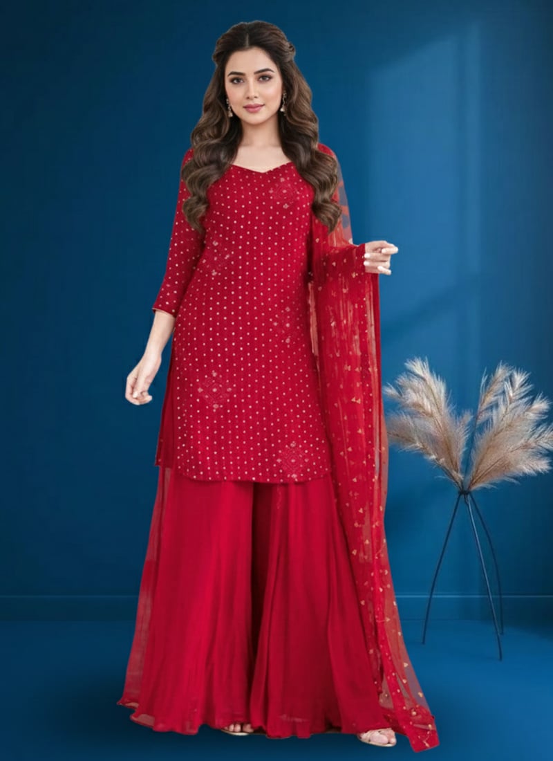 Red Georgette Zari Sequins Palazzo Suit Festive Wear