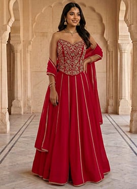 Red Georgette Zari Sequins Stones Lehenga
