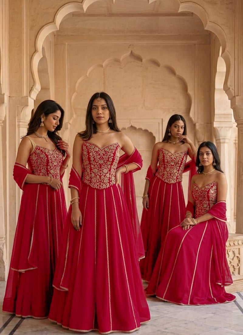 Red Georgette Zari Sequins Stones Lehenga Wedding Wear