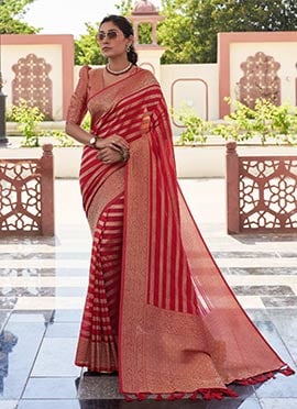 Red Georgette Zari Woven Saree