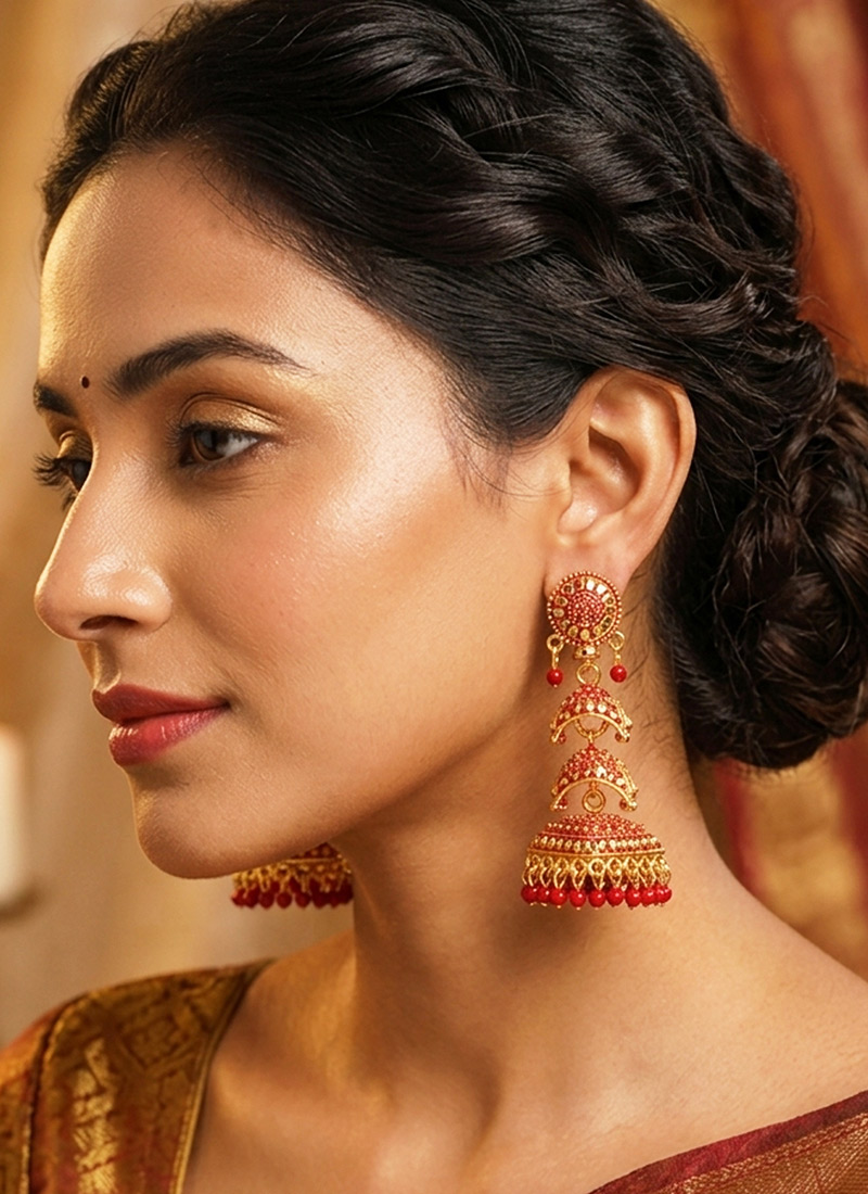 Red Gold Plated Enamelled DomeShaped Jhumka Earrings After Six Wear