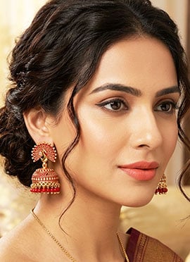 Red Gold Plated Enamelled DomeShaped Jhumka Earrings