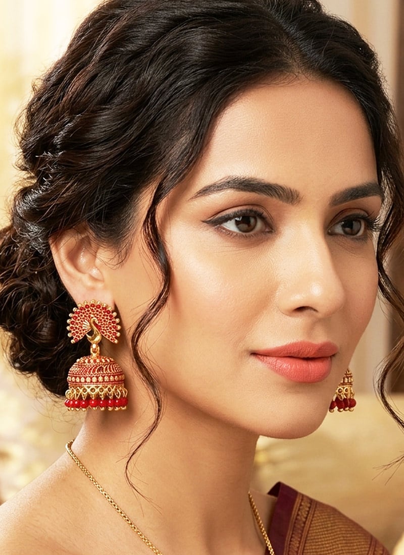 Red Gold Plated Enamelled DomeShaped Jhumka Earrings After Six Wear