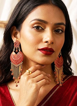 Red Gold Plated Enamelled PeacockShaped Drop Earrings
