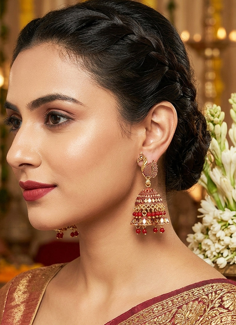 Red Gold Plated Enamelled PeacockShaped Jhumka Earrings After Six Wear