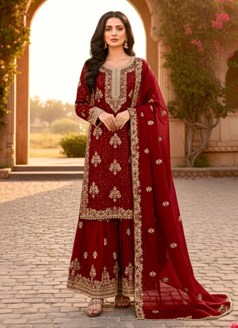 Red Green Silk Zari Embroidered Sequins Palazzo Suit Festive Wear