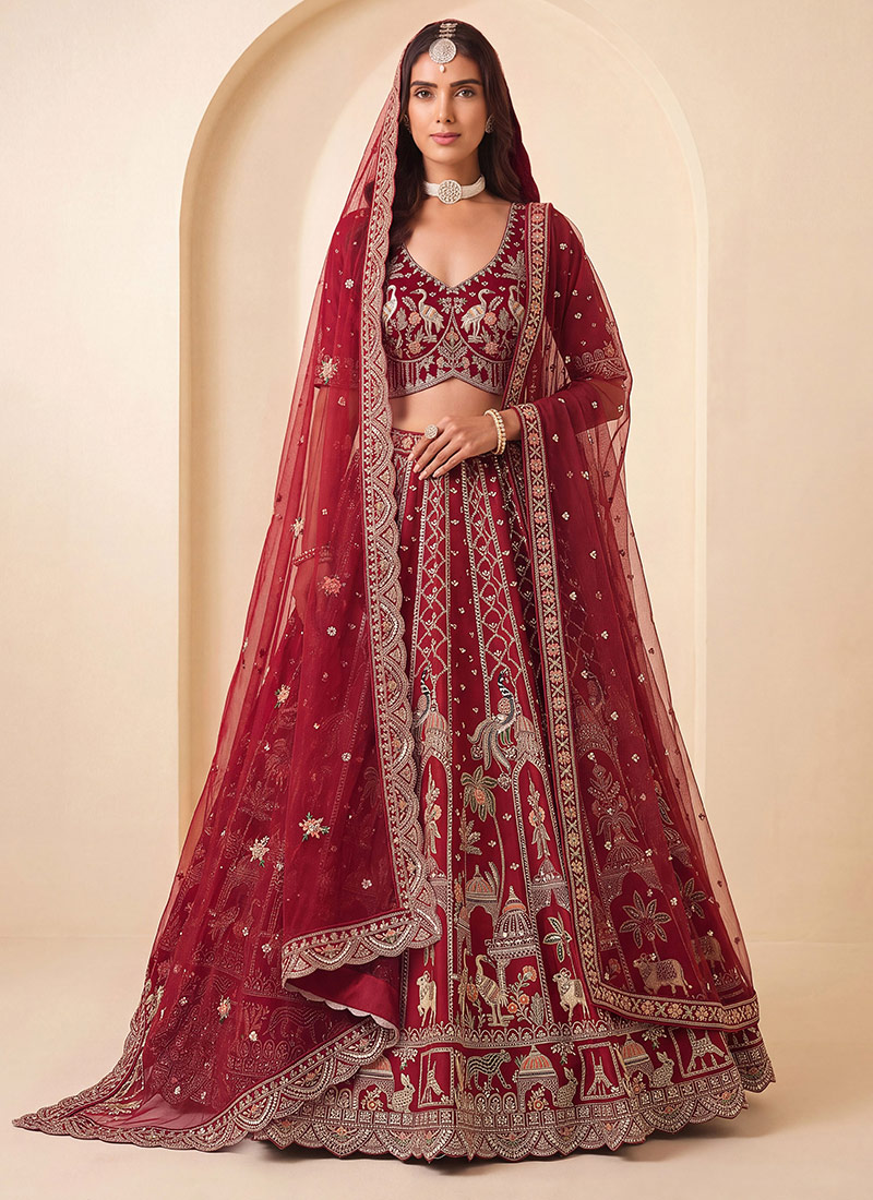 Red Hand Embroidered Sequins Zari Work Silk Lehenga Wedding Wear