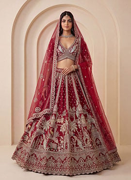 Red Hand Embroidered Sequins Zari Work Silk Lehenga