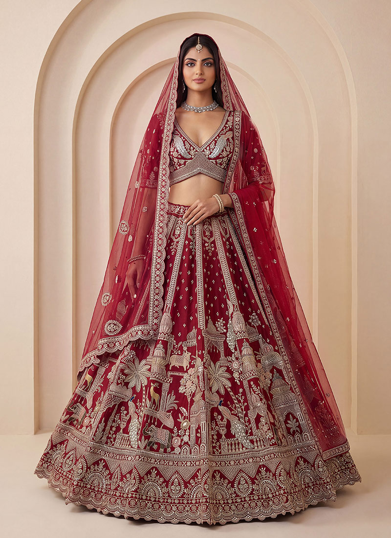 Red Hand Embroidered Sequins Zari Work Silk Lehenga Wedding Wear
