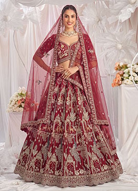 Red Hand Embroidered Sequins Zari Work Silk Lehenga