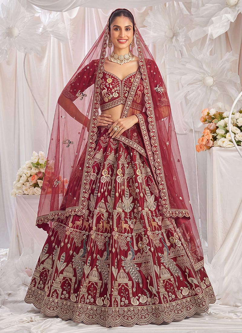 Red Hand Embroidered Sequins Zari Work Silk Lehenga Wedding Wear
