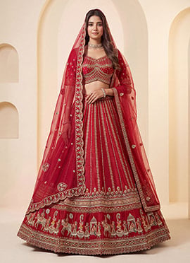 Red Hand Embroidered Sequins Zari Work Silk Lehenga