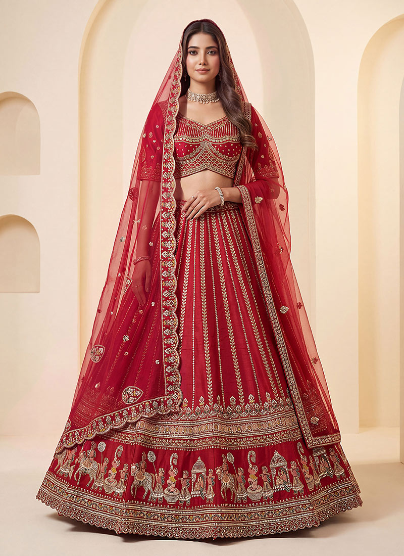 Red Hand Embroidered Sequins Zari Work Silk Lehenga Wedding Wear