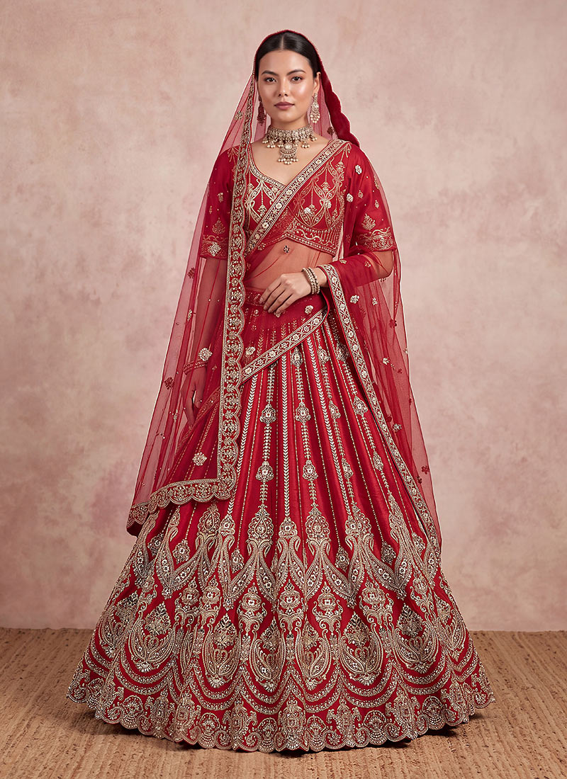 Red Hand Embroidered Sequins Zari Work Silk Lehenga Wedding Wear