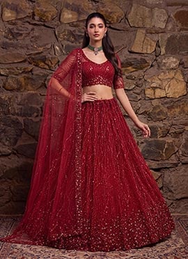 Red Heavy Net Embroidered Sequins Beads Lehenga