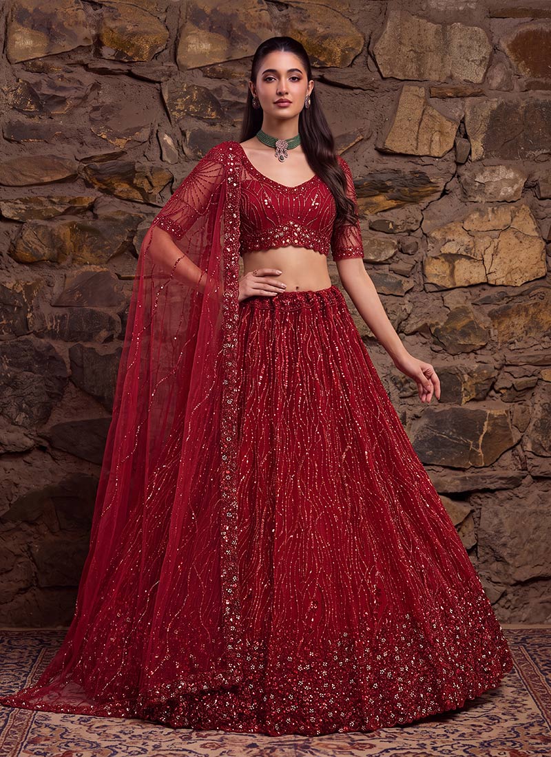 Red Heavy Net Embroidered Sequins Beads Lehenga Wedding Wear