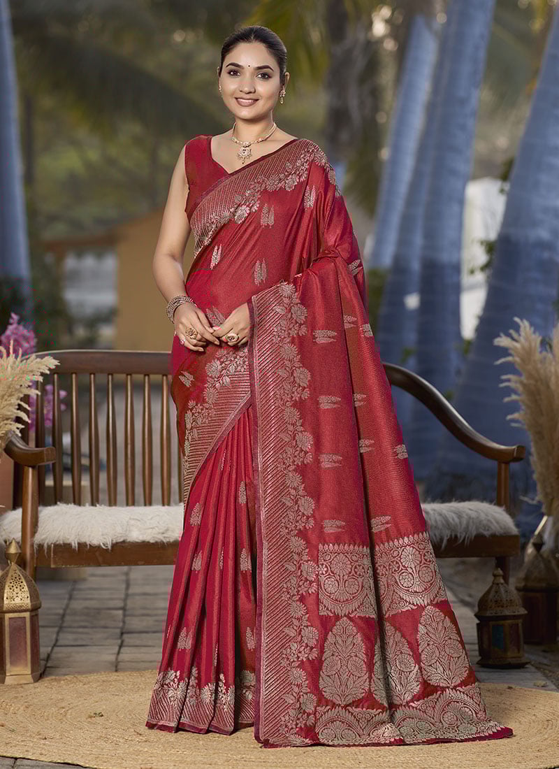 Red Jacquard Banarasi Silk Saree Festive Wear