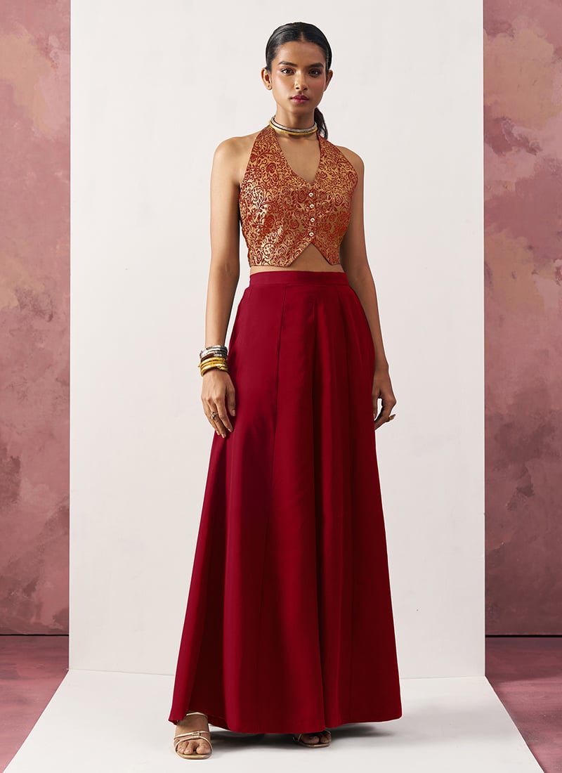 Red Jacquard Indowestern Waistcoat Palazzo Set After Six Wear