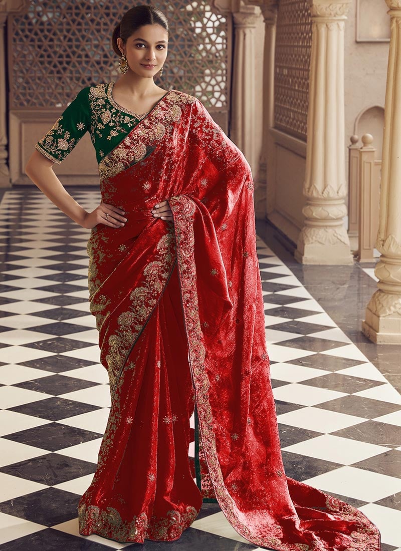 Red Jacquard Silk Embroidered Sequins And Stones Saree Wedding Wear