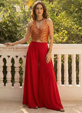 Red Jacquard Silk Halter Neck Indo Western Palazzo Set