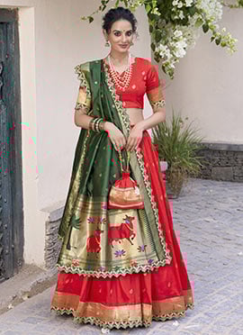 Red Jacquard Silk Zari Embroidered Sequins Lehenga Festive Wear