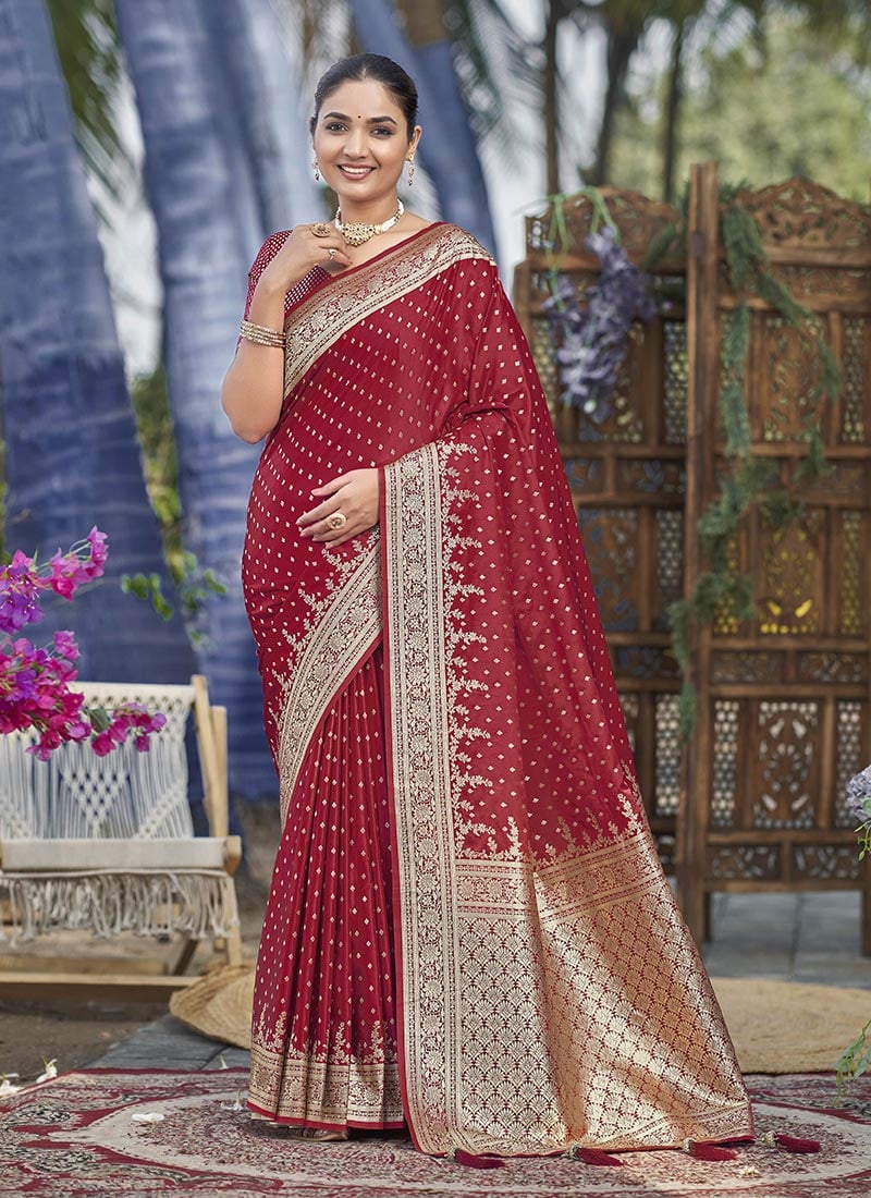 Red Jacquard Zari Banarasi Silk Saree