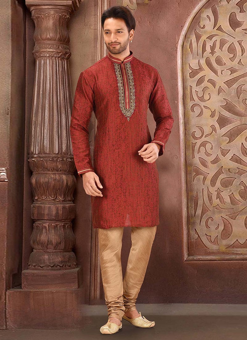 Red Jameywar Zardozi Work Kurta Pyjama