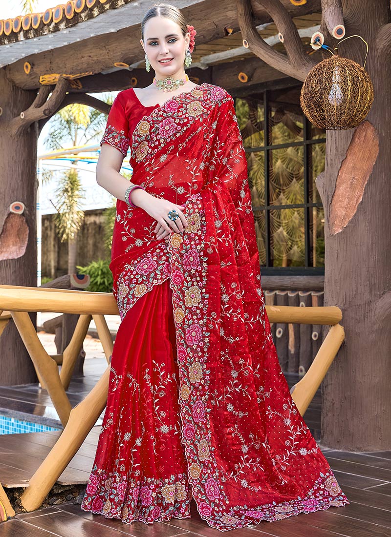Red Organza Floral Embroidered Sequins Stone Embossed Saree  Festive Wear