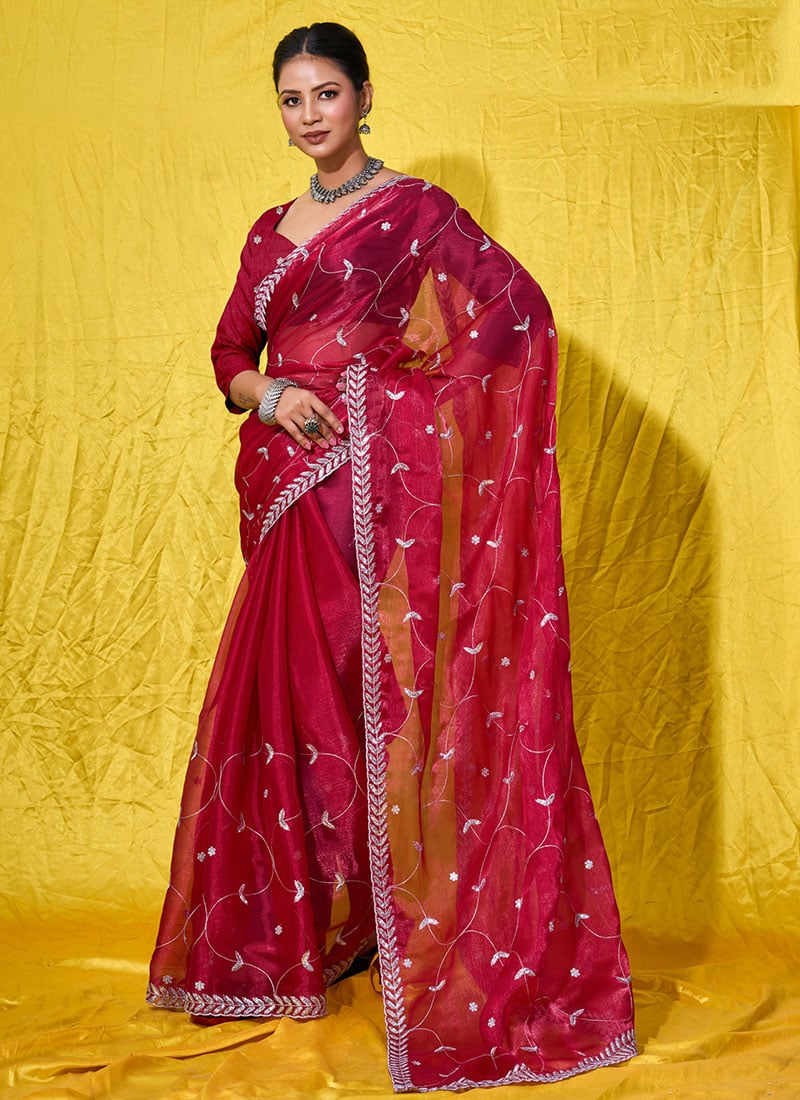 Red Organza Saree Embossed With Embroidered And Sequins After Six Wear