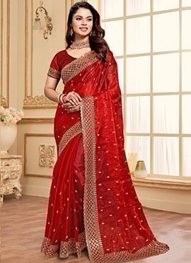 Red Organza Zari Embroidered Sequins Saree