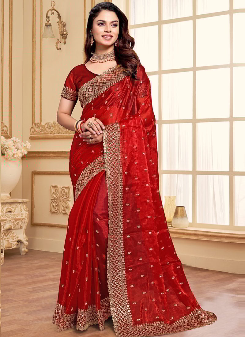 Red Organza Zari Embroidered Sequins Saree Festive Wear