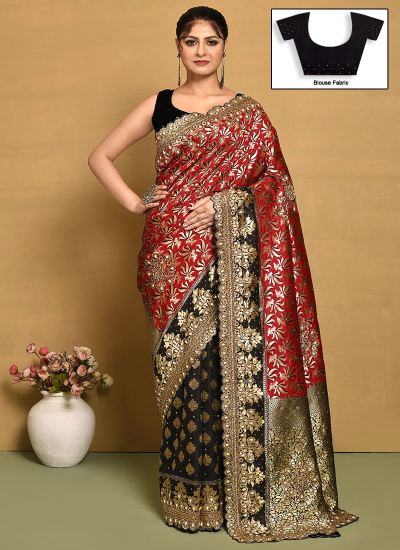 Red Kancheepuram Silk Hand Embroidered Saree Wedding Wear-SADSF7644