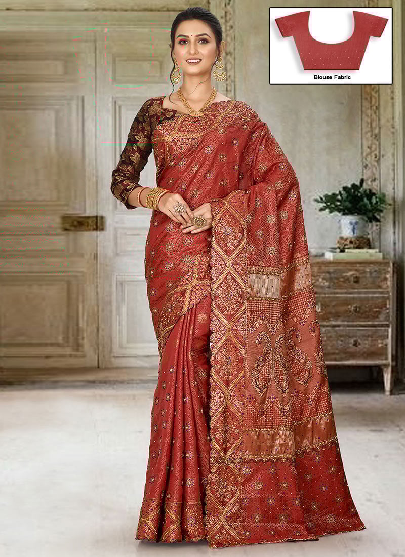 Red Kanjeevaram Silk Hand Work Saree Festive Wear