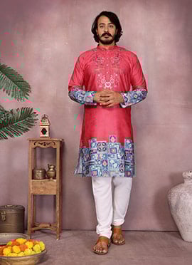 Red Khadi Cotton Embroidered Sequins Kurta Pyjama Set