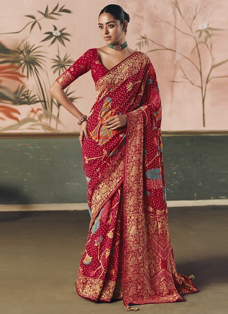 Red Khadi Georgette Bandhej Woven Work Jacquard Saree Festive Wear