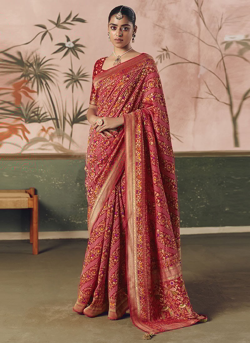 Red Khadi Georgette Bandhej Woven Work Jacquard Saree Festive Wear