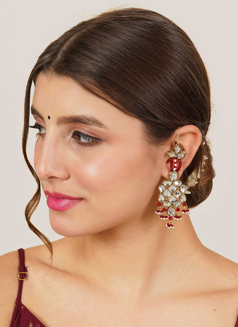 Red Kundan And Beads Danglers After Six Wear