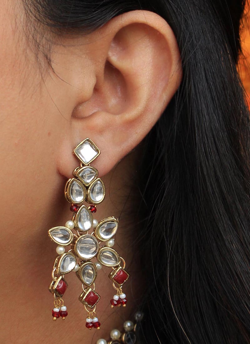 Red Kundan And Beads Danglers Festive Wear