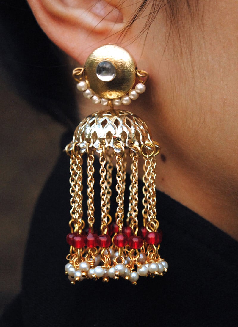 Red Kundan And Beads Jhumka After Six Wear