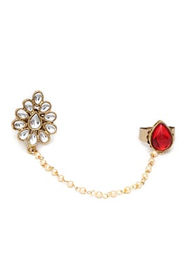 Red Kundan And Beads Work Ring