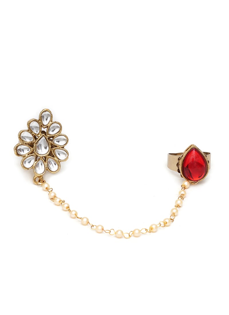 Red Kundan And Beads Work Ring Festive Wear