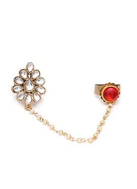 Red Kundan And Beads Work Ring