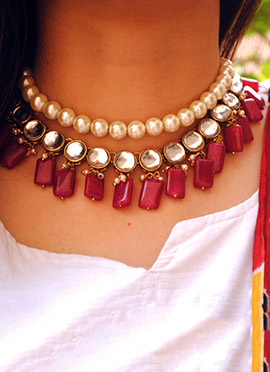 Red Kundan And Moti Necklace