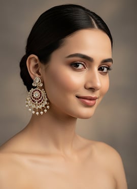 Red Kundan And Stones Beads Chaand Bali