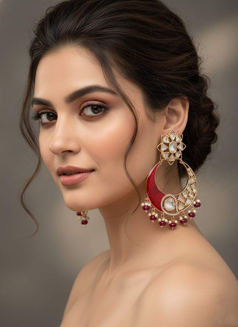 Red Kundan And Stones Beads Chaand Bali Festive Wear