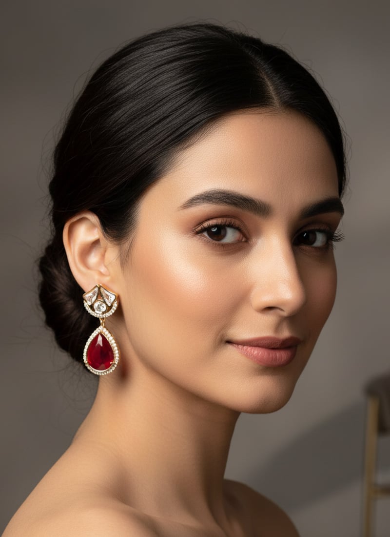 Red Kundan And Stones Danglers Festive Wear