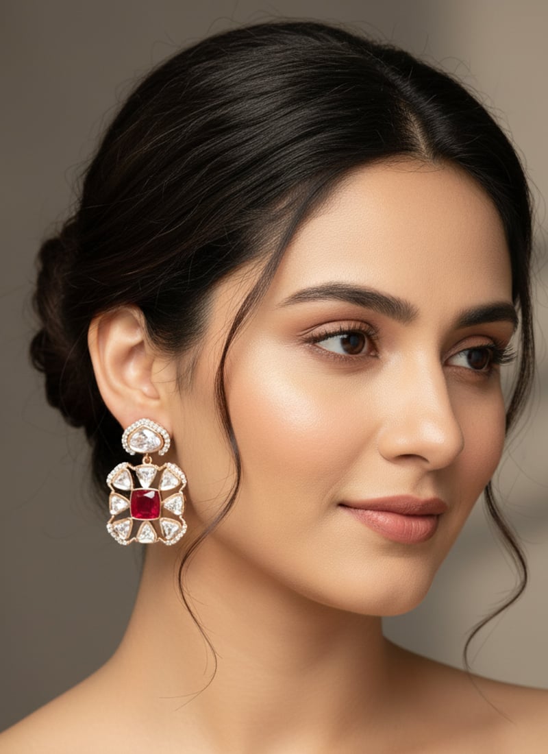 Red Kundan And Stones Danglers Festive Wear