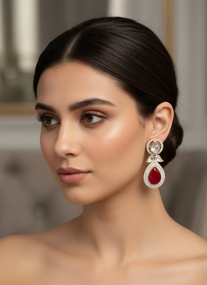 Red Kundan And Stones Danglers